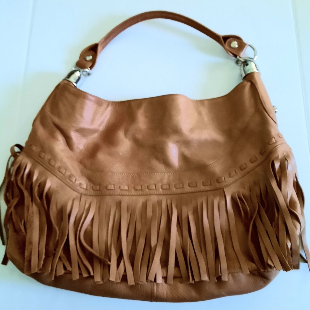 B. MAKOWSKY Leather Brown Fringe Hobo Handbag Purse